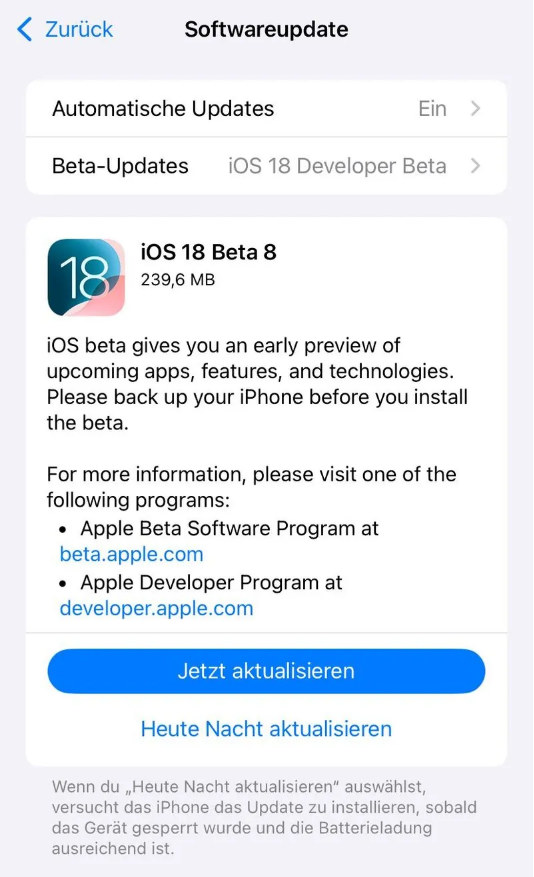 增城苹果手机维修分享苹果 iOS / iPadOS 18 开发者预览版 Beta 8 发布 